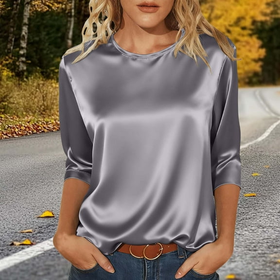 Women's 3/4 Sleeve Satin Tops Dressy Casual Elegant Round-Neck Solid Color Pullover Blouse Shirts Gray M