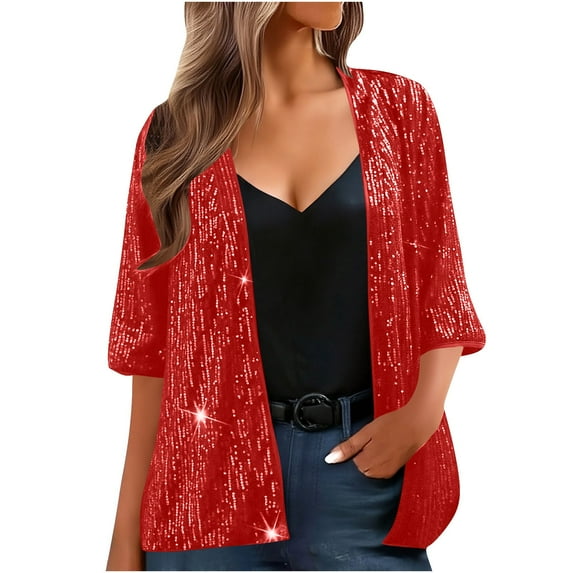 Women's 3/4 Sleeve Sequin Open Front Cardigan Loose Fit Blouses Sparkly Glitter Jacket for Party Cocktail Wedding Evening Wear