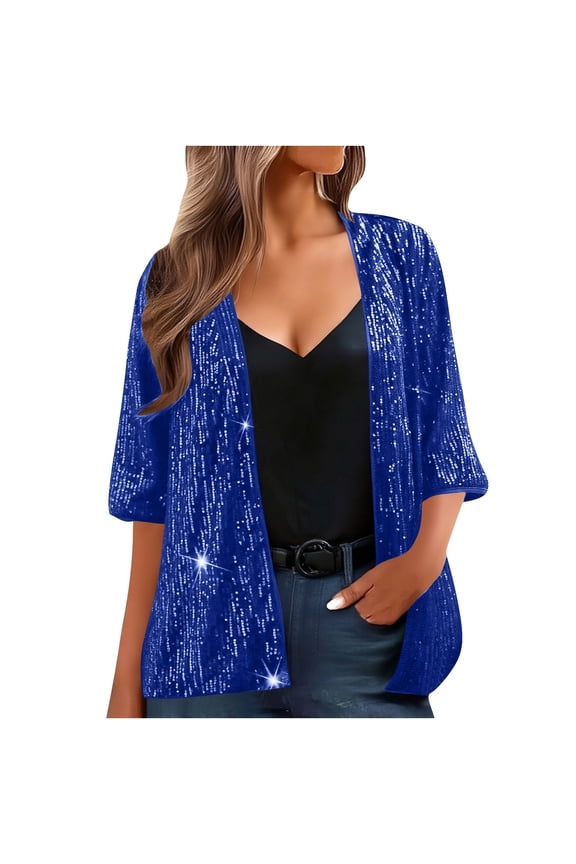 Women's 3/4 Sleeve Sequin Open Front Cardigan Loose Fit Blouses Sparkly Glitter Jacket for Party Cocktail Wedding Evening Wear