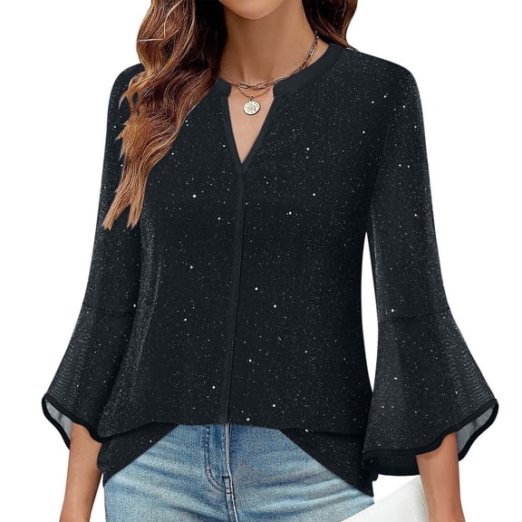 Women's 3/4 Sleeve Sequin Shirt, V Neck Mesh Ruffle Bell Sleeve Blouse, Double Layer Loose Fit Casual Top, Going Out Party Shirt for Evening Events and Daily Wear Navy XXL