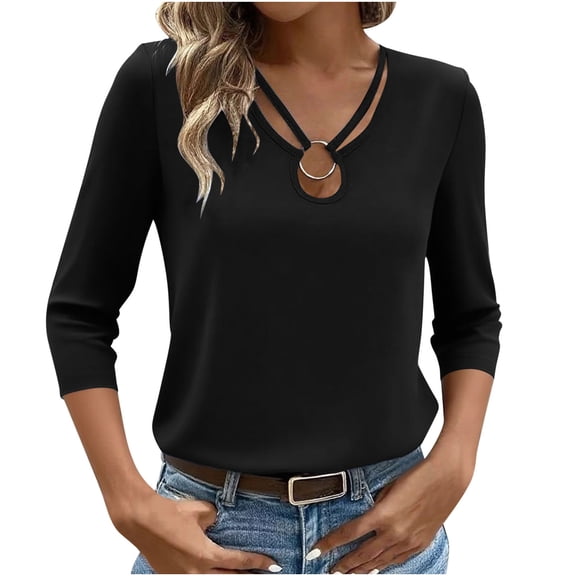 Women's 3/4 Sleeve Sexy Tops Cut Out O-ring V Neck Casual Trendy Tee Shirts Summer Fall Plain Tshirts (2XL, Black)