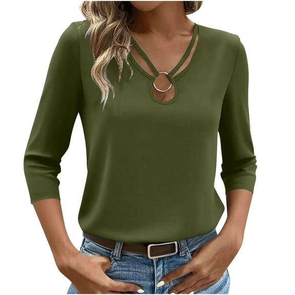 Women's 3/4 Sleeve Sexy Tops Cut Out O-ring V Neck Casual Trendy Tee Shirts Summer Fall Plain Tshirts (L, Army Green)
