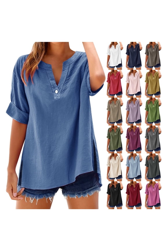 Women's 3/4 Sleeve Shirts Linen Blend Shirt For Soft Relaxed Fit Casual V Neck Top Side Slits Fashion Clothes