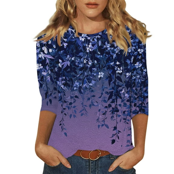 Women's 3/4 Sleeve Shirts with Print Graphic Tees Design, Blouses Casual Plus Size Basic Tops Pullover, Fashion Floral Petal Print Round Neck T-Shirt for Easy Wear,Light Blue,S