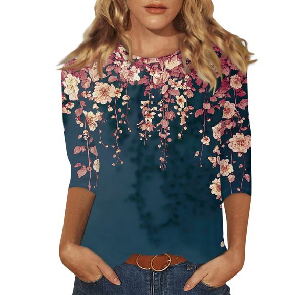 Women's 3/4 Sleeve Shirts with Print Graphic Tees Design, Blouses Casual Plus Size Basic Tops Pullover, Fashion Floral Petal Print Round Neck T-Shirt for Easy Wear,Hot Pink,S