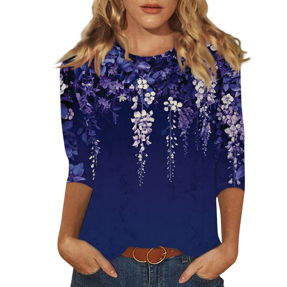 Women's 3/4 Sleeve Shirts with Print Graphic Tees Design, Blouses Casual Plus Size Basic Tops Pullover, Fashion Floral Petal Print Round Neck T-Shirt for Easy Wear,Blue,S