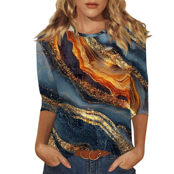Women's 3/4 Sleeve Shirts with Print Graphic Tees Design, Blouses Casual Plus Size Basic Tops Pullover, Fashion Retro Print Round Neck T-Shirt for Comfort Fit,Blue,M
