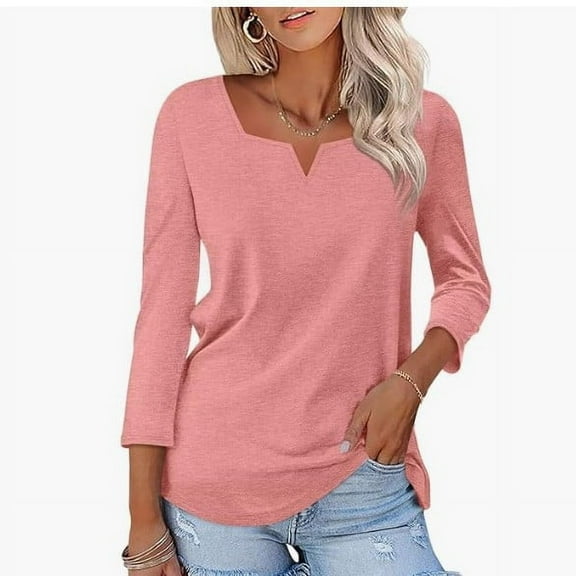 Hauaitttt Women's 3/4 Sleeve Shirts Square Neck Color Block Summer Tops Dressy Casual Ladies Blouses Tops Ladies Tee Tops Long Sleeves Shirts Women Small Long Sleeve Shirt Womens Workout Short Sleeve