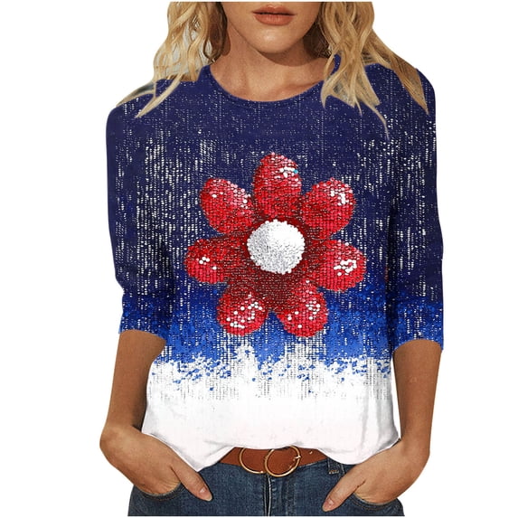 Women's 3/4 Sleeve Shirts Summer Crewneck Tunic Tops Patriotic Print Independence Day Tshirts