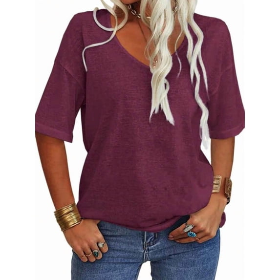 Women's 3/4 Sleeve Shirts V Neck Loose Fitting Tops Casual Solid Color Tshirts Basic Tunic Summer Ladies Tops