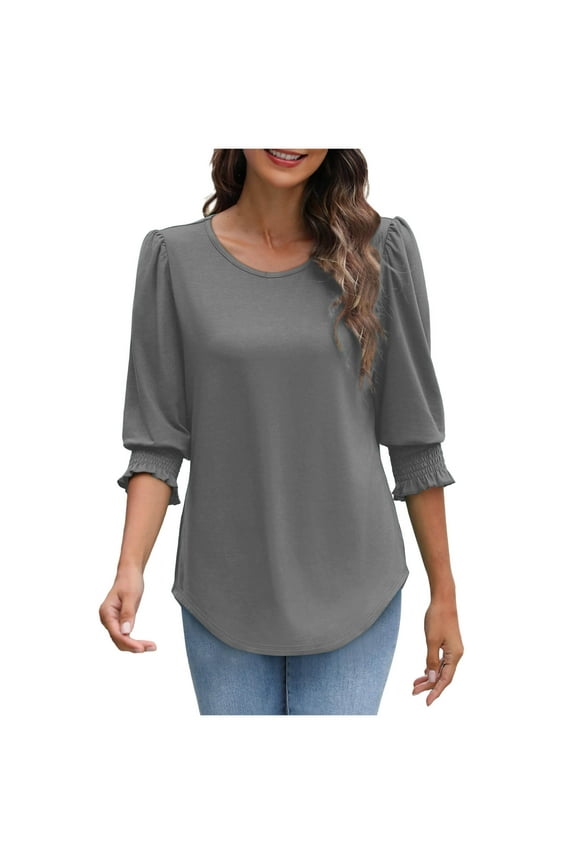 Women's 3/4 Sleeve Smocked Cuff Blouse - Printed Casual Top, Comfortable Work Shirt