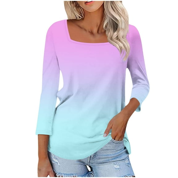 Women's 3/4 Sleeve Square Neck T Shirts Ombre Tie Dye Casual Summer Tops Fashion Loose Shirts Tees Plus Size
