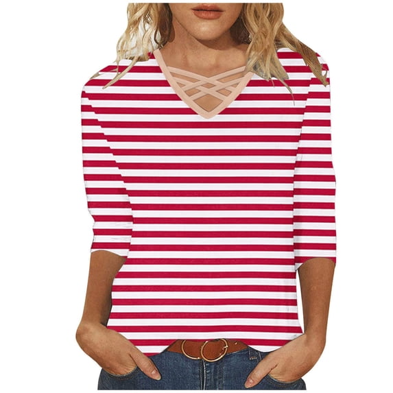 Women's 3/4 Sleeve Striped Tops Crisscross V Neck Casual Tee Shirts Spring Fall Pullover Plus Size Tshirts (3XL, Pink)