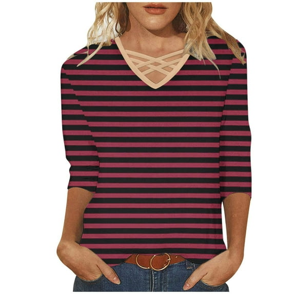 Women's 3/4 Sleeve Striped Tops Crisscross V Neck Casual Tee Shirts Spring Fall Pullover Plus Size Tshirts (3XL, Red)