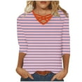 thumbnail image 1 of Women's 3/4 Sleeve Striped Tops Crisscross V Neck Casual Tee Shirts Spring Fall Pullover Plus Size Tshirts (L, Hot Pink), 1 of 5