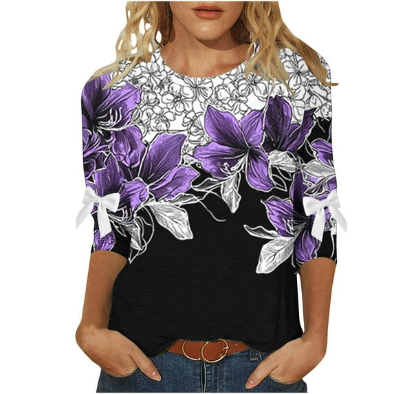 Women's 3/4 Sleeve Summer Tops Casual Round Neck Tshirts Vintage Floral Print Blouse Three Quarter Length Sleeve Tops Plus Size Clothes for Women