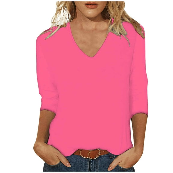 Women's 3/4 Sleeve Summer Tops Loose Soft Tee Shirt Solid Color Loose T-Shirt V-Neck Casual Blouse Tops Pink S
