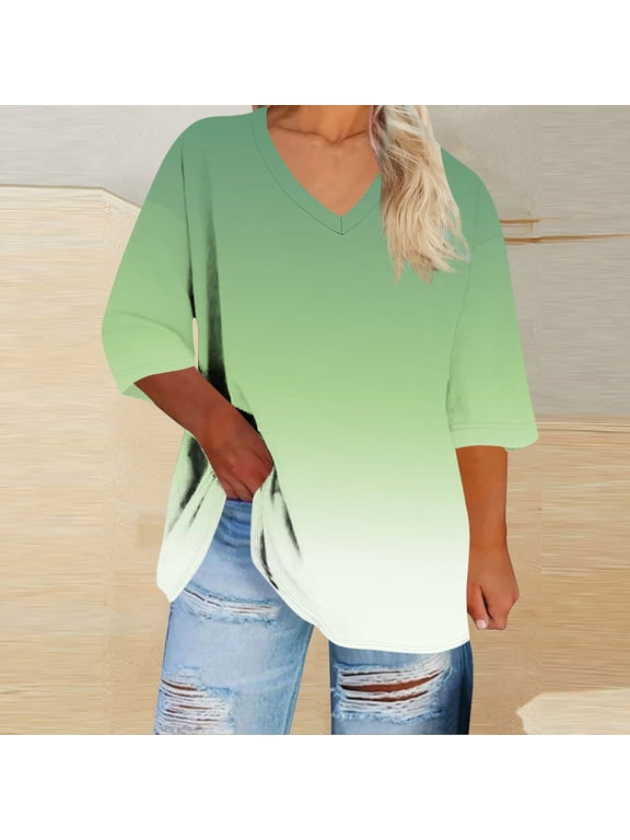 Women's 3/4 Sleeve T-Shirt Summer V-Neck Top Vintage Cotton Basic T-Shirt Green XXL