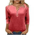 thumbnail image 1 of Women's 3/4 Sleeve T Shirts Casual Button V Neck Drop Shoulder Loose Fit Basic Tops Fall Clothes Outfits, 1 of 7