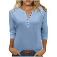 thumbnail image 1 of Women's 3/4 Sleeve T Shirts Casual Button V Neck Drop Shoulder Loose Fit Basic Tops Fall Clothes Outfits, 1 of 8