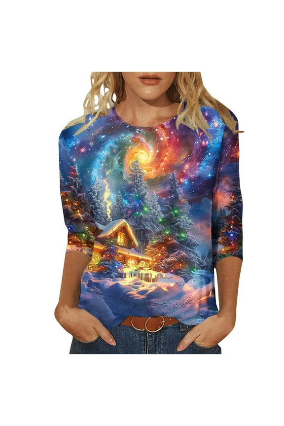 Women's 3/4 Sleeve T Shirts Christmas Tree Graphic Print Tee Crewneck Plus Size Casual Soft Shirts Holiday Gift