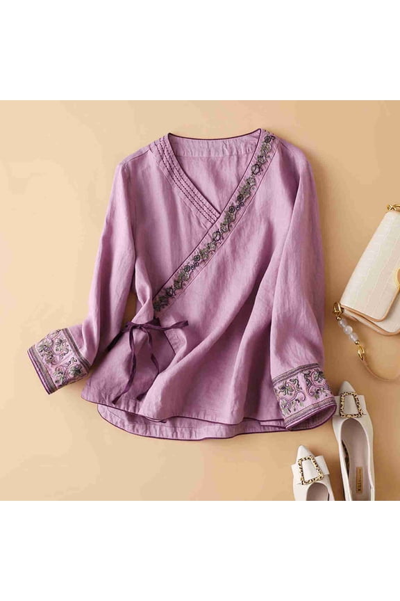 Women's 3/4 Sleeve T-Shirts Cotton Linen Tops Summer Gauze Shirts Dressy Casual Blouses Elbow Sleeve Bohemian Tops Work Tees Summer Tshirts Retro Embroidered 3/4 Sleeve Boho Tops XL