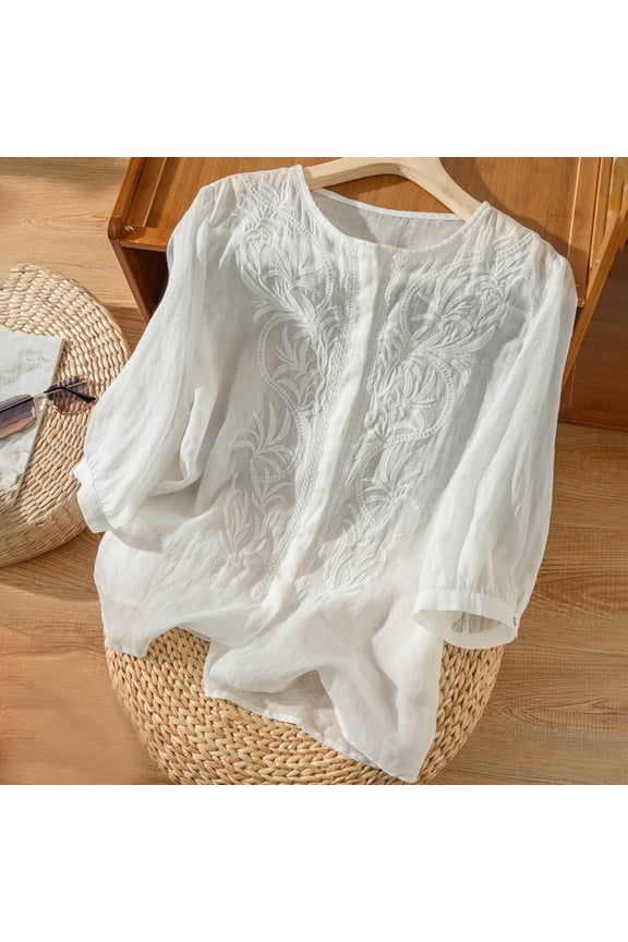 Women's 3/4 Sleeve T-Shirts Dressy Casual Blouses Lightweight Pullover Shirt Vacation Beach Solid Blouses Retro Embroidered 3/4 Sleeve Boho Tops Bohemian Tops Summer Tops for Women L
