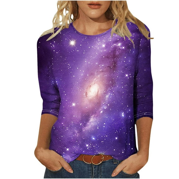 Women's 3/4 Sleeve T Shirts Galaxy Graphic Printed Casual Tops Round Neck Loose Blouse Fashion Tees