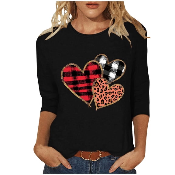 Women's 3/4 Sleeve T-Shirts Hearts Printed Crew Neck Plus Size Valentines Tops Cute Festive Casual Tee Tshirts (S, Black)