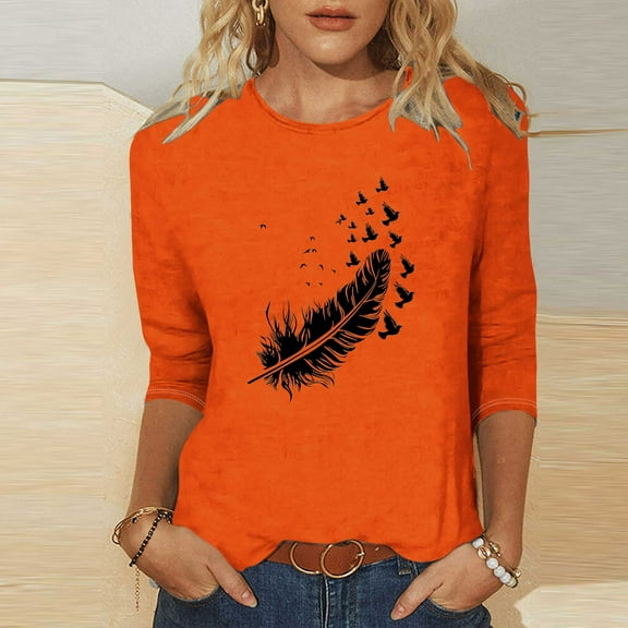 Women's 3/4 Sleeve T-Shirts Oversize Casual Cotton Crewneck Shirts Loose Fit tops Spring and fall fashion women's wear (Orange L)