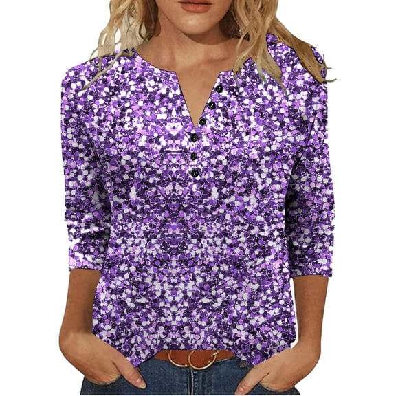 Women's 3/4 Sleeve T-Shirts Shiny Glitter Printed Graphic Tee Shirt with Buttons V Neck Dressy Casual Party Tops (2XL, Purple A)