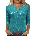 thumbnail image 1 of Women's 3/4 Sleeve T-Shirts Shiny Glitter Printed Graphic Tee Shirt with Buttons V Neck Dressy Casual Party Tops (L, Blue), 1 of 7