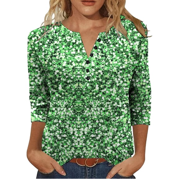 Women's 3/4 Sleeve T-Shirts Shiny Glitter Printed Graphic Tee Shirt with Buttons V Neck Dressy Casual Party Tops (S, Green A)