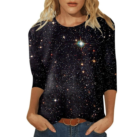 Women's 3/4 Sleeve T Shirts Sparkly Glitter Printed Round Neck Dressy Casual Tunic Tops Spring Summer Fashion Pullover Blouses
