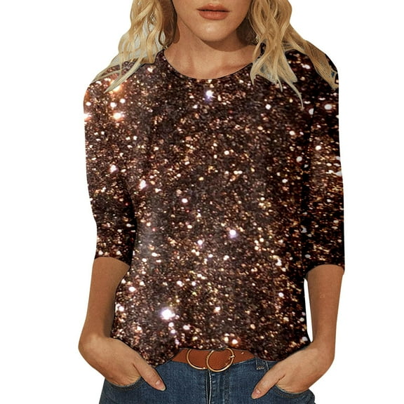 Women's 3/4 Sleeve T Shirts Sparkly Glitter Printed Round Neck Dressy Casual Tunic Tops Spring Summer Fashion Pullover Blouses