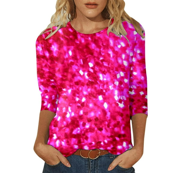 Women's 3/4 Sleeve T Shirts Sparkly Glitter Printed Round Neck Dressy Casual Tunic Tops Spring Summer Fashion Pullover Blouses