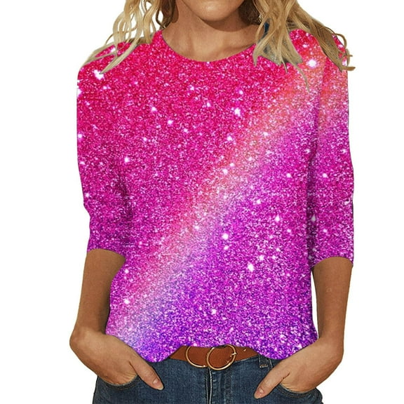 Women's 3/4 Sleeve T Shirts Sparkly Glitter Printed Round Neck Dressy Casual Tunic Tops Spring Summer Fashion Pullover Blouses