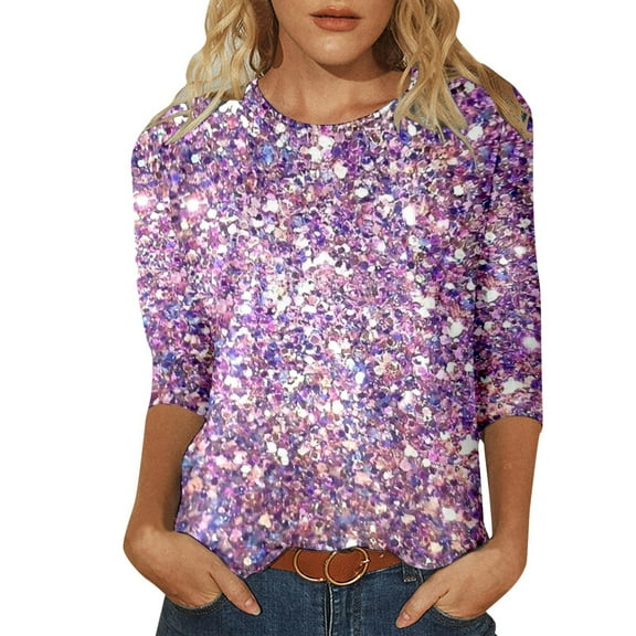 Women's 3/4 Sleeve T Shirts Sparkly Glitter Printed Round Neck Dressy Casual Tunic Tops Spring Summer Fashion Pullover Blouses