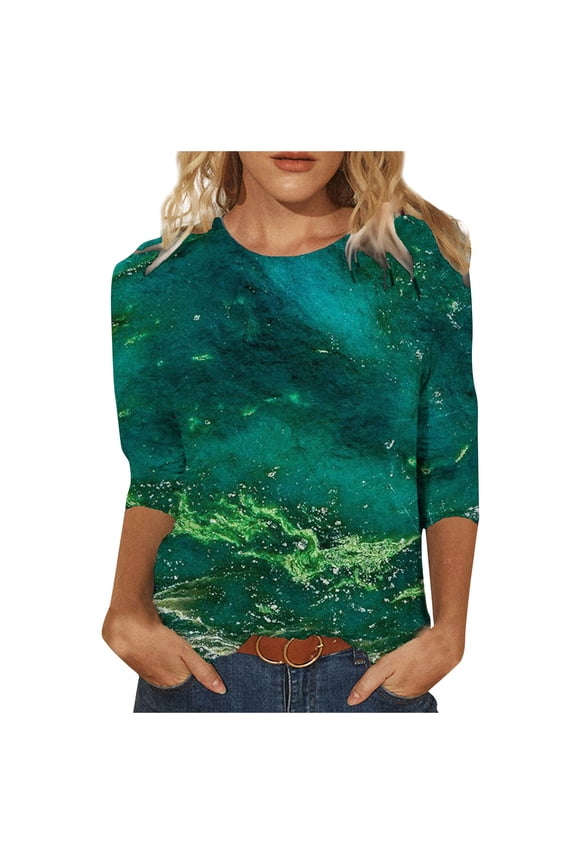 Women's 3/4 Sleeve T-Shirts Summer Trendy Tie Dye Graphic Round Neck Blouses Dressy Casual Loose Fit Tunic Tops
