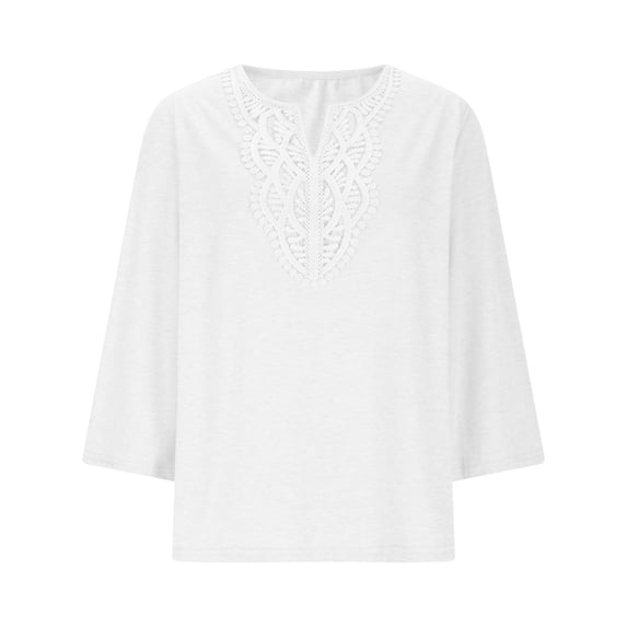 Women's 3/4 Sleeve T-Shirts V-Neck Embroidery Solid Casual Tees Tops Summer Loose Soft Lightweight Fashion Tee Shirts