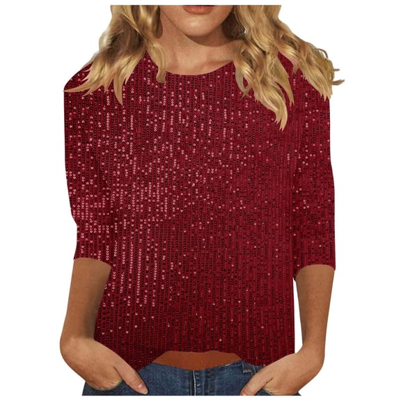 Women's 3/4 Sleeve T-shirt Shining Glitter Tees Fashion Party Pullover Trendy 2025 Tops Round Neck Knit Shirts Casual Comfy Outfits Colorful Pullovers