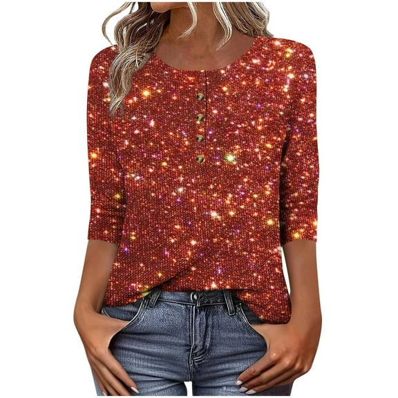 Women's 3/4 Sleeve T-shirt Shining Glitter Tees Half Button Pullover Trendy 2025 Tops Round Neck Knit Shirts Casual Comfy Outfits Colorful Pullovers