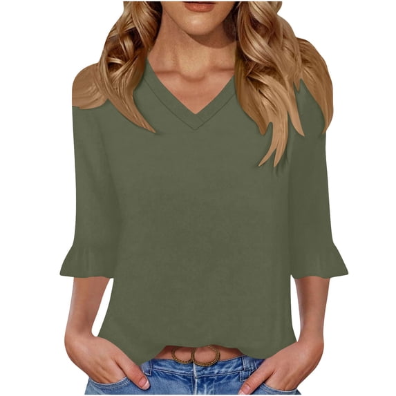 Women's 3/4 Sleeve Tees Shirts V Neck Ruffle Hem Casual Shirts Fashion Going Out Loose Tops Fall Clothes, Army Green S