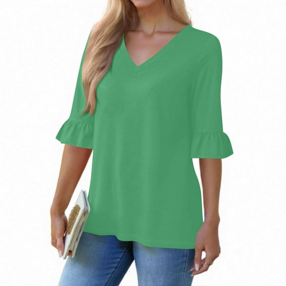 Women's 3/4 Sleeve Tees Shirts V Neck Ruffle Hem Casual Shirts Fashion Going Out Loose Tops Fall Clothes, Green L