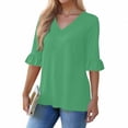 thumbnail image 1 of Women's 3/4 Sleeve Tees Shirts V Neck Ruffle Hem Casual Shirts Fashion Going Out Loose Tops Fall Clothes, Green M, 1 of 7