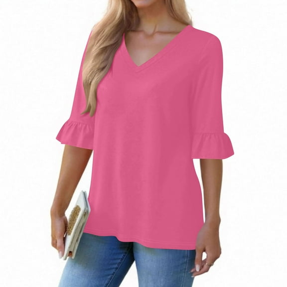 Women's 3/4 Sleeve Tees Shirts V Neck Ruffle Hem Casual Shirts Fashion Going Out Loose Tops Fall Clothes, Hot Pink L