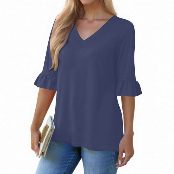 Women's 3/4 Sleeve Tees Shirts V Neck Ruffle Hem Casual Shirts Fashion Going Out Loose Tops Fall Clothes, Navy S