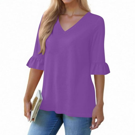 Women's 3/4 Sleeve Tees Shirts V Neck Ruffle Hem Casual Shirts Fashion Going Out Loose Tops Fall Clothes, Purple L