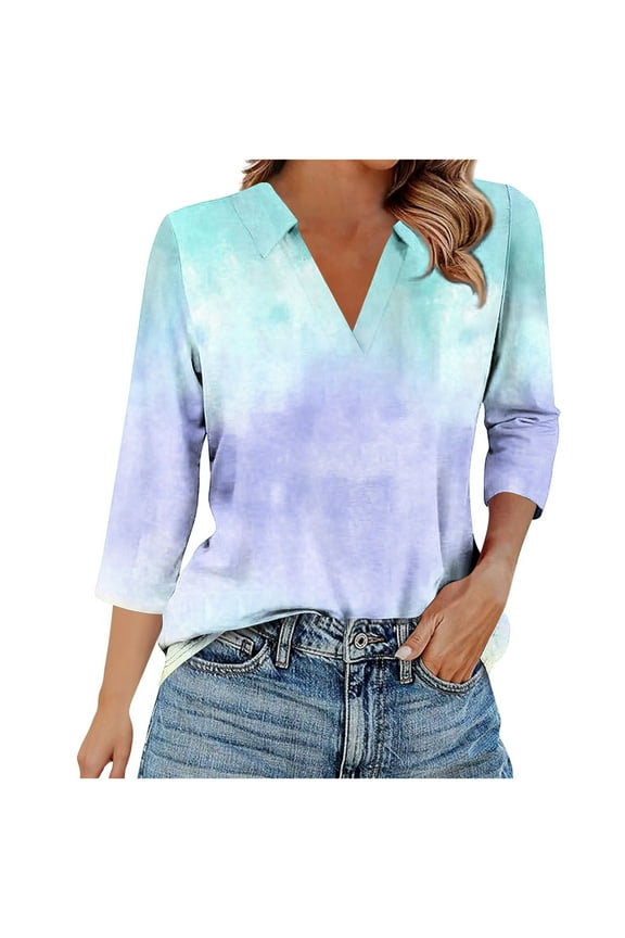 Women's 3/4 Sleeve Tie Dye Tops with Lapel Collar Casual Fashion V Neck Graphic Tee Tshirts for Spring Fall Summer (M, Sky Blue)