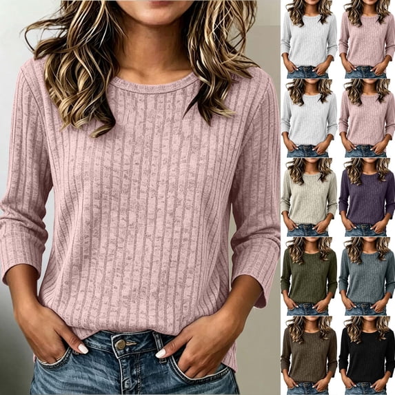 Women's 3/4 Sleeve Top Crew Neck Ribbed Brushed Knit Relaxed Fit Casual Pullover Blouse for Fall Winter, Solid Color Basic Tee
